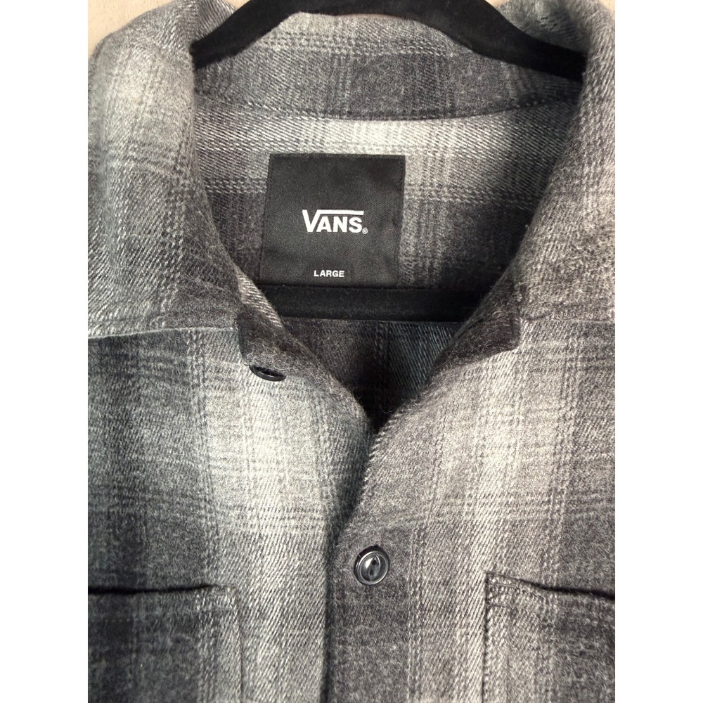 Vans Mens Large Grey Black Plaid Flannel Chore Shirt Jacket 100% Cotton - Picture 3 of 12